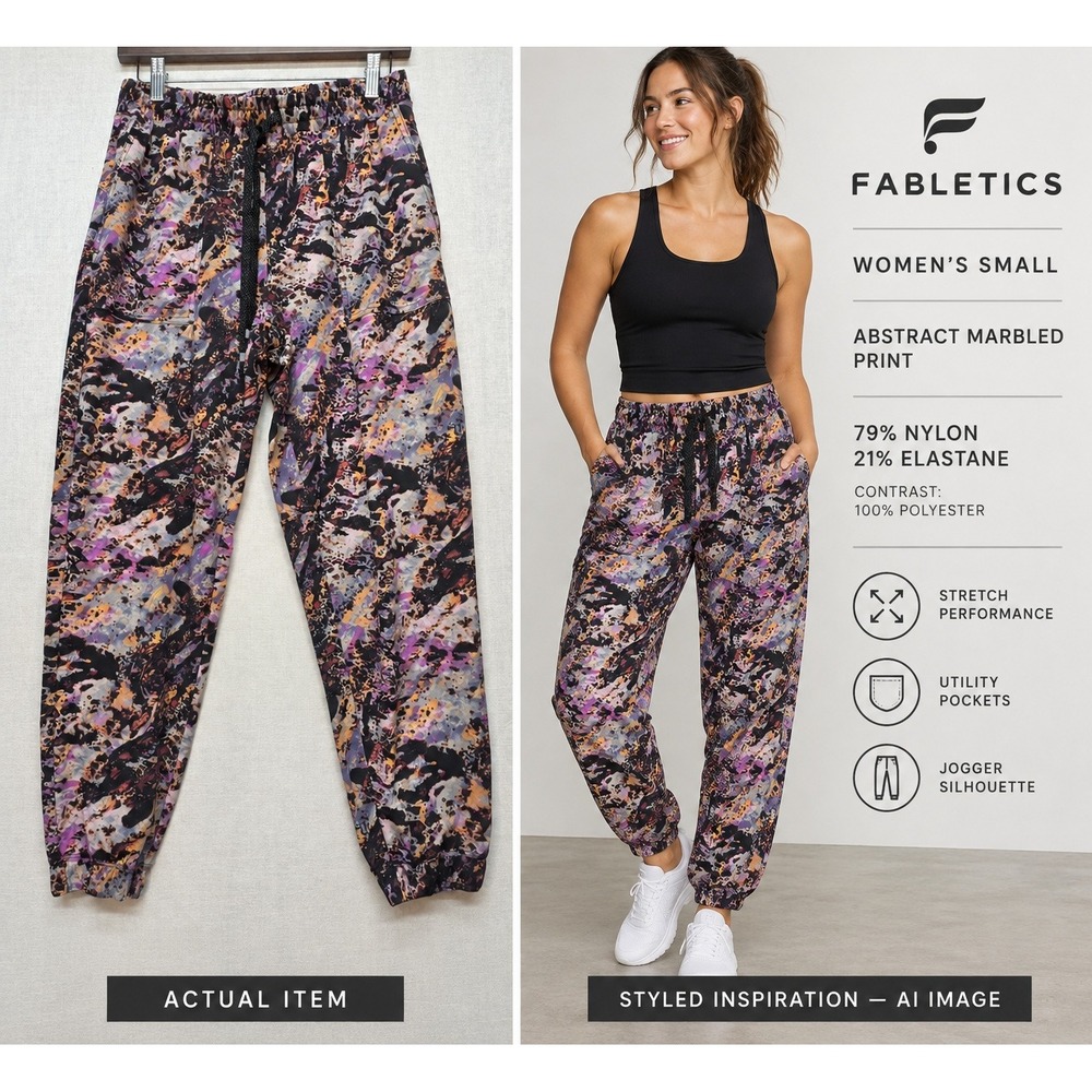 Fabletics Women's The One Jogger Pants Sz S  Purple Black Abstract Athleisure